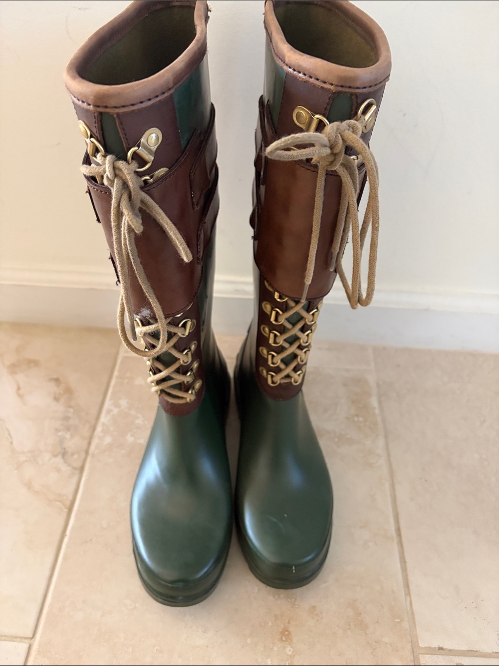 Tory Burch Green and Brown Lace-Up Women's Rain Boots Size 7